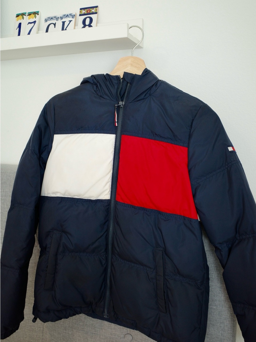 Tommy Hilfiger Navy Puffer Jacket with Red and White Panels